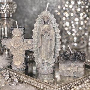 Handmade Beeswax Candle Set – Virgin Mary, Cross & Rose Boquet (Shimmer Finish)